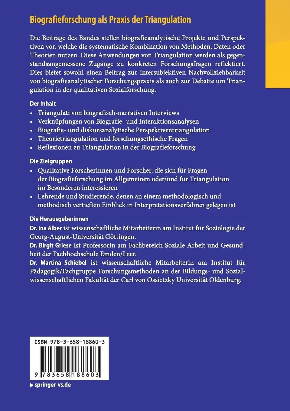 Rückseite: 9783658188603 | Biografieforschung als Praxis der Triangulation | Ina Alber (u. a.)