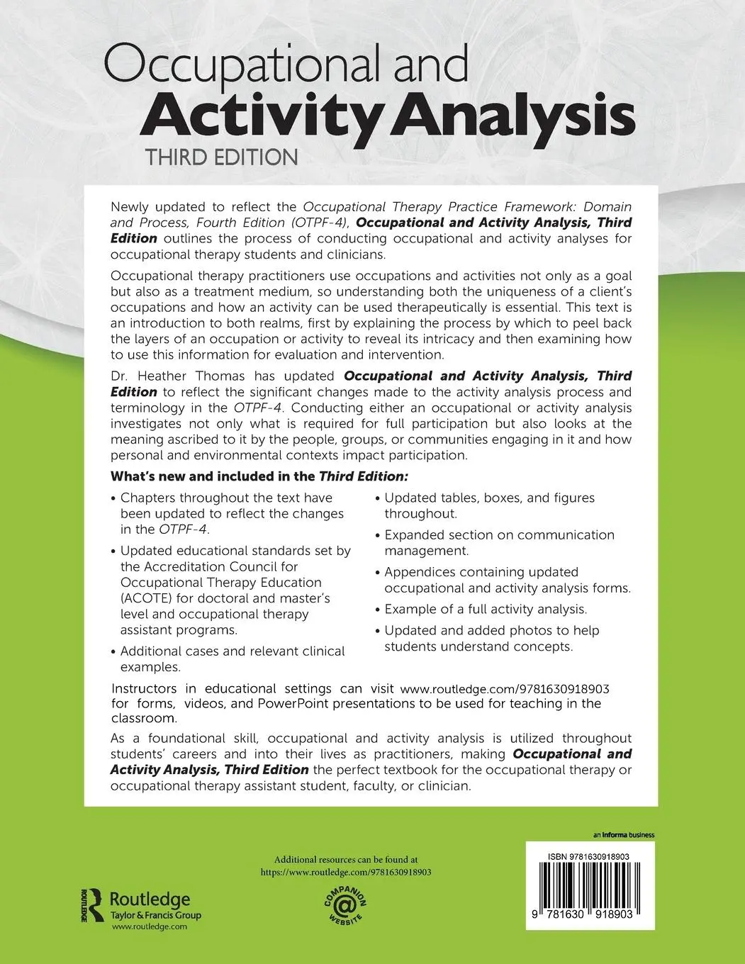 Rückseite: 9781630918903 | Occupational and Activity Analysis | Heather Thomas | Taschenbuch