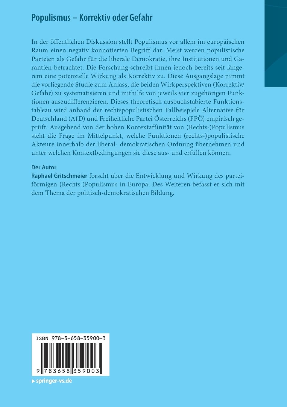 Rückseite: 9783658359003 | Populismus ¿ Korrektiv oder Gefahr | Raphael Gritschmeier | Buch | x