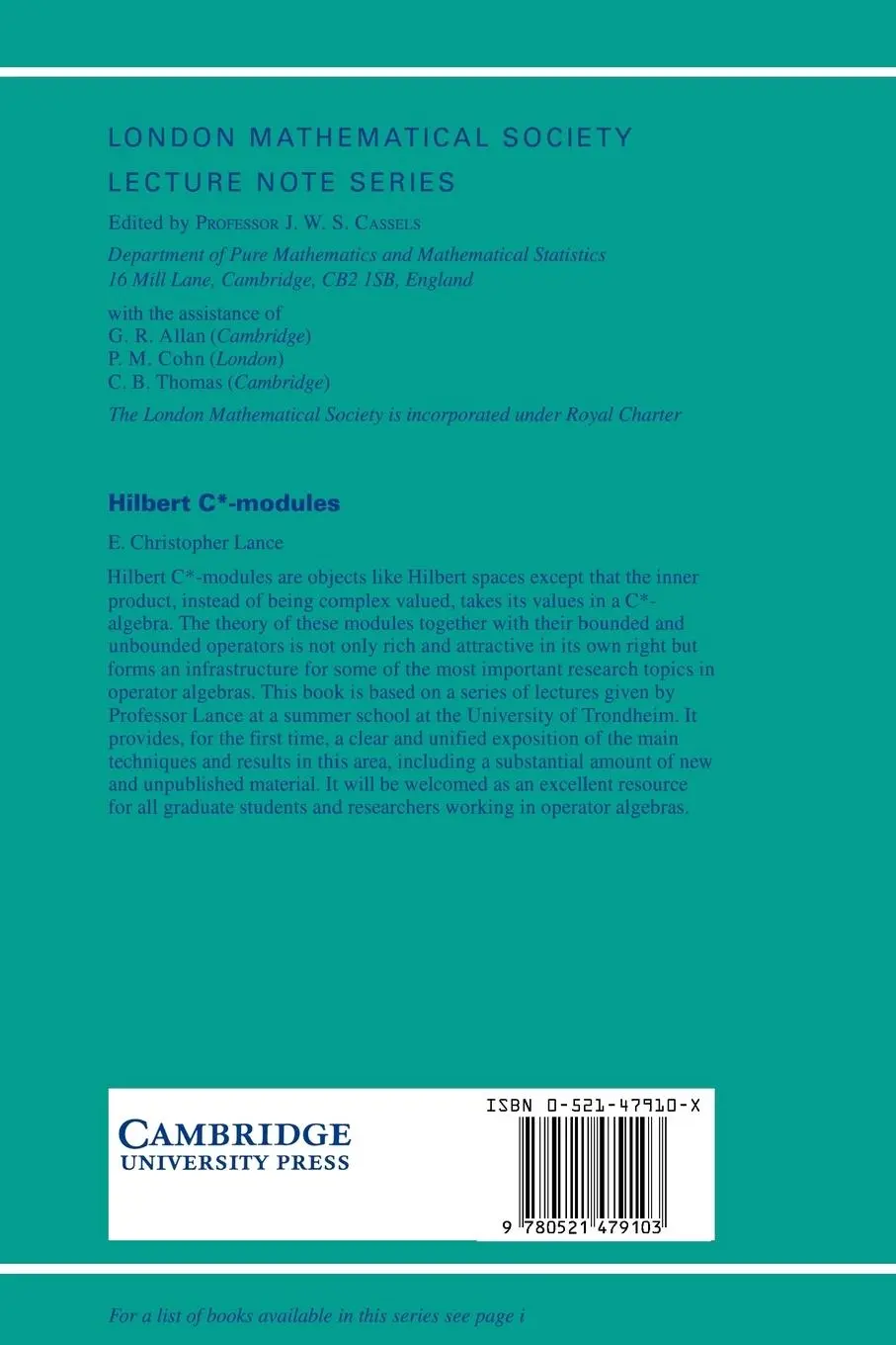 Rückseite: 9780521479103 | Hilbert C*-Modules | A Toolkit for Operator Algebraists | Taschenbuch