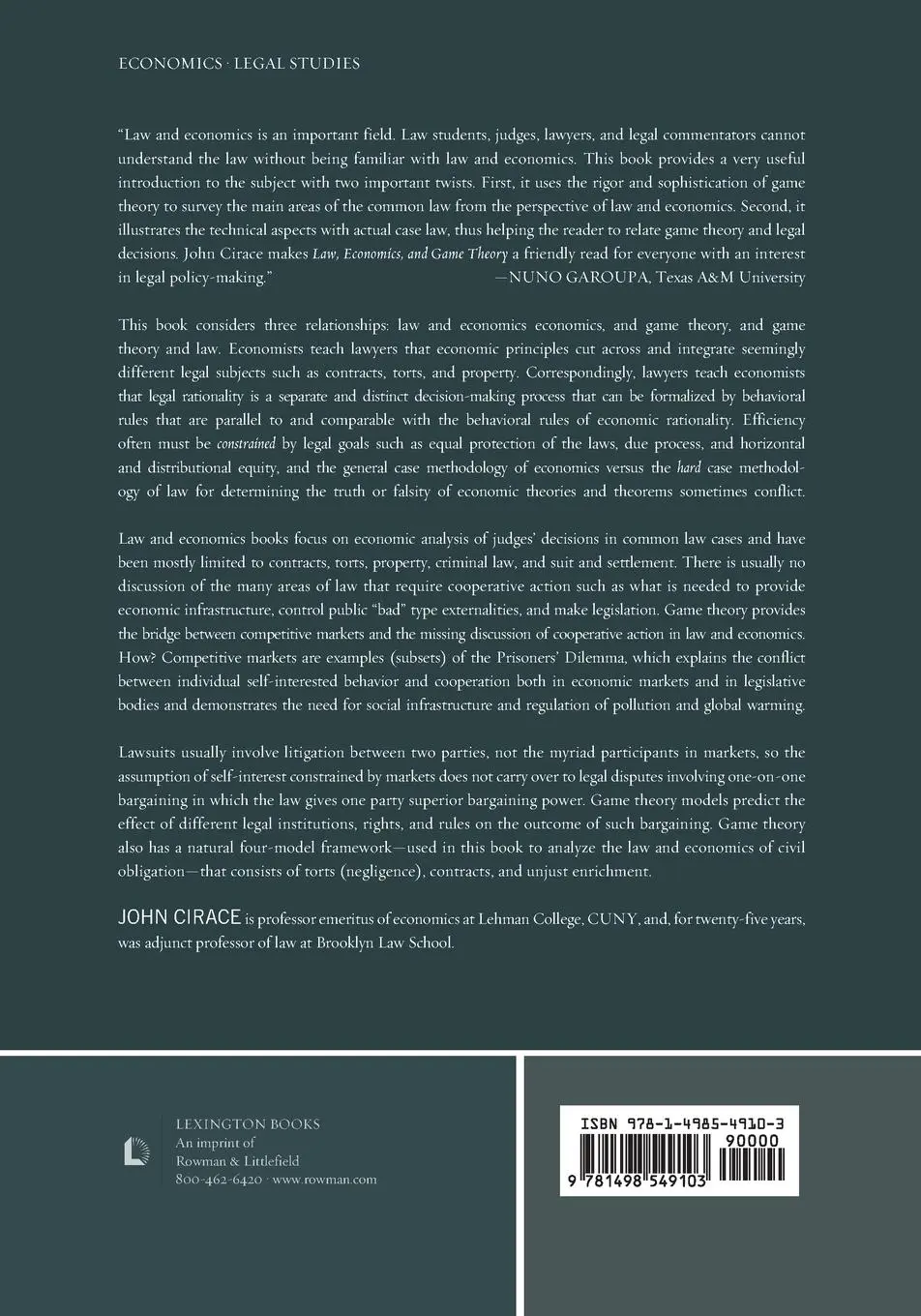 Rückseite: 9781498549103 | Law, Economics, and Game Theory | John Cirace | Taschenbuch | Englisch