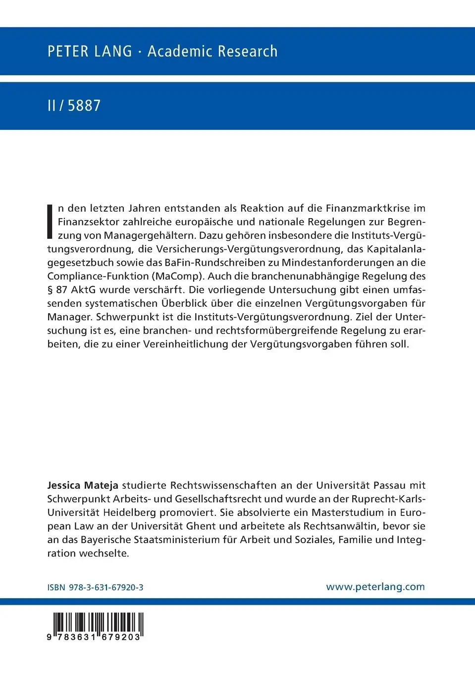 Rückseite: 9783631679203 | Die Begrenzung von Managergehältern unter besonderer...