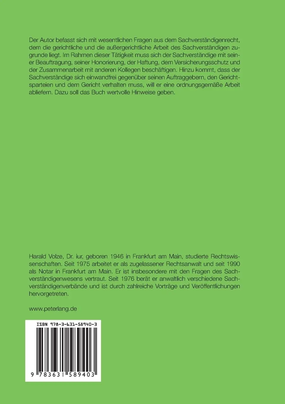 Rückseite: 9783631589403 | Sachverständigenfragen | 3., neu bearbeitete Auflage | Harald Volze