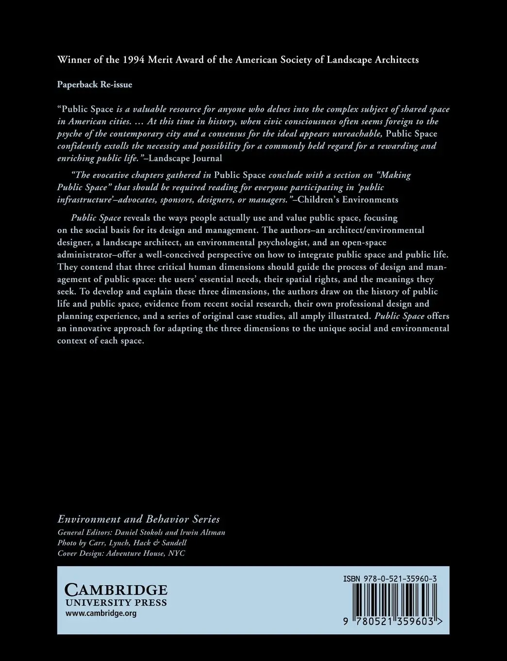 Rückseite: 9780521359603 | Public Space | Stephen Carr (u. a.) | Taschenbuch | Englisch | 2009