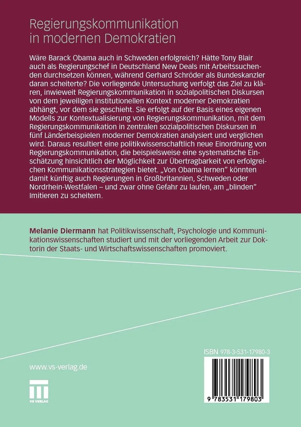 Rückseite: 9783531179803 | Regierungskommunikation in modernen Demokratien | Melanie Diermann