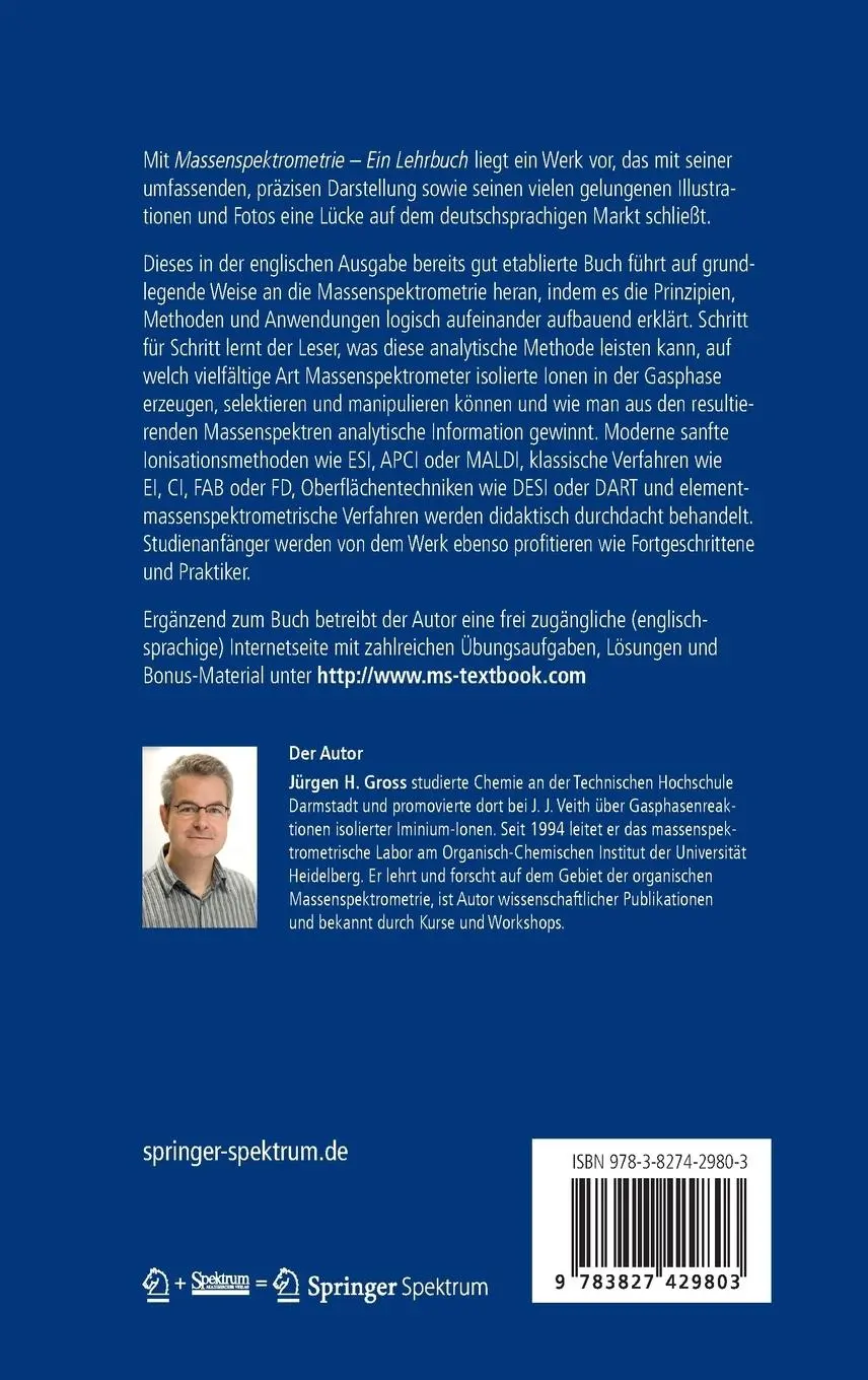 Rückseite: 9783827429803 | Massenspektrometrie | Ein Lehrbuch | Jürgen H Gross | Buch | xv | 2012
