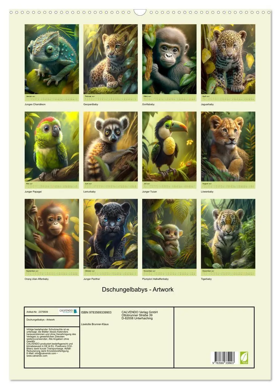 Bild: 9783569339903 | Dschungelbabys - Artwork (Wandkalender 2027 DIN A2 hoch), CALVENDO...