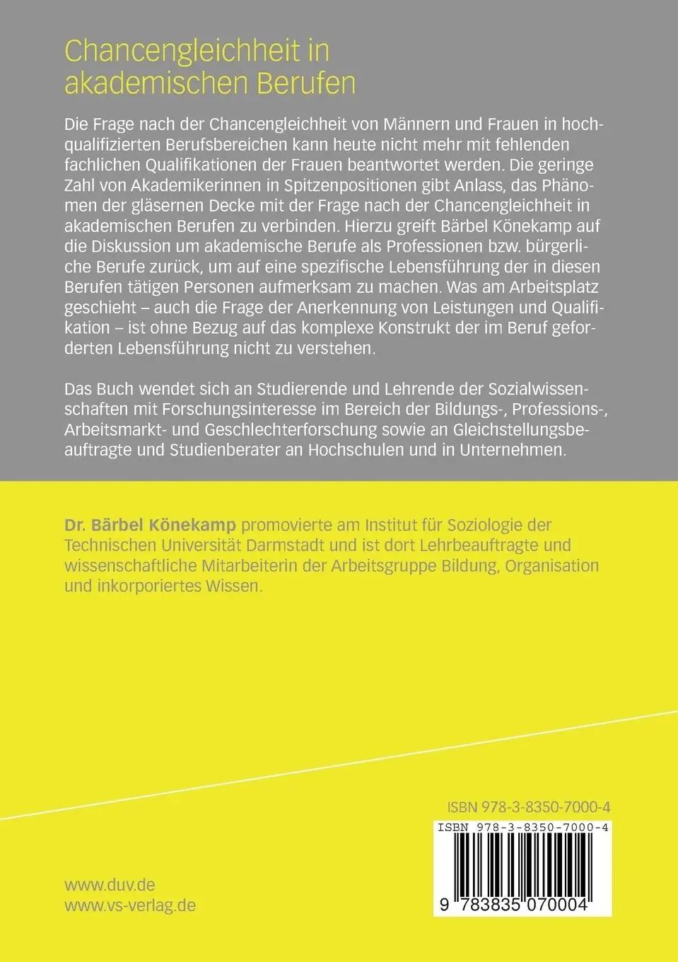 Rückseite: 9783835070004 | Chancengleichheit in akademischen Berufen | Bärbel Könekamp | Buch | x