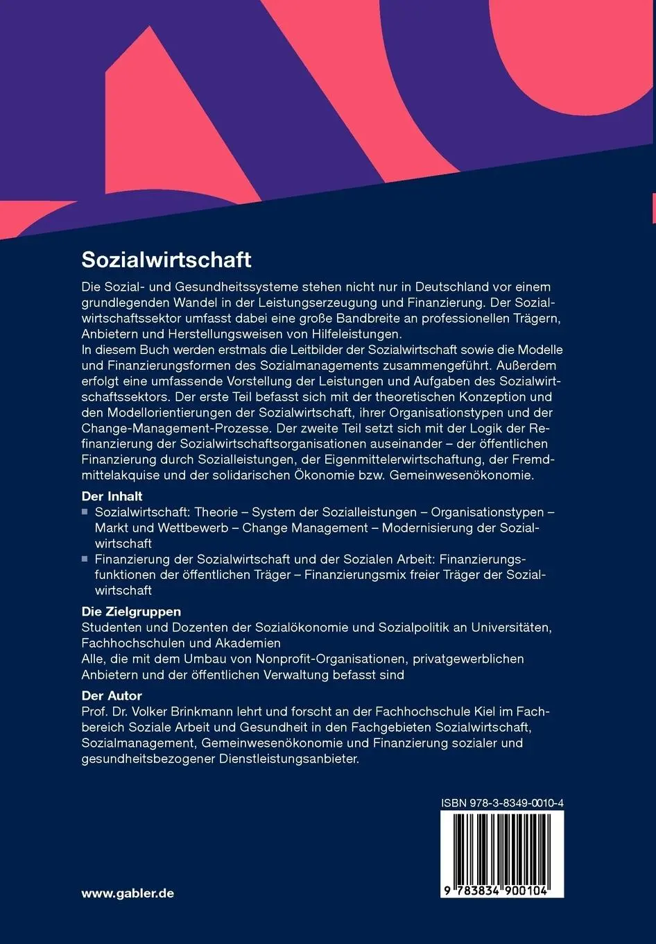 Rückseite: 9783834900104 | Sozialwirtschaft | Grundlagen - Modelle - Finanzierung | Brinkmann