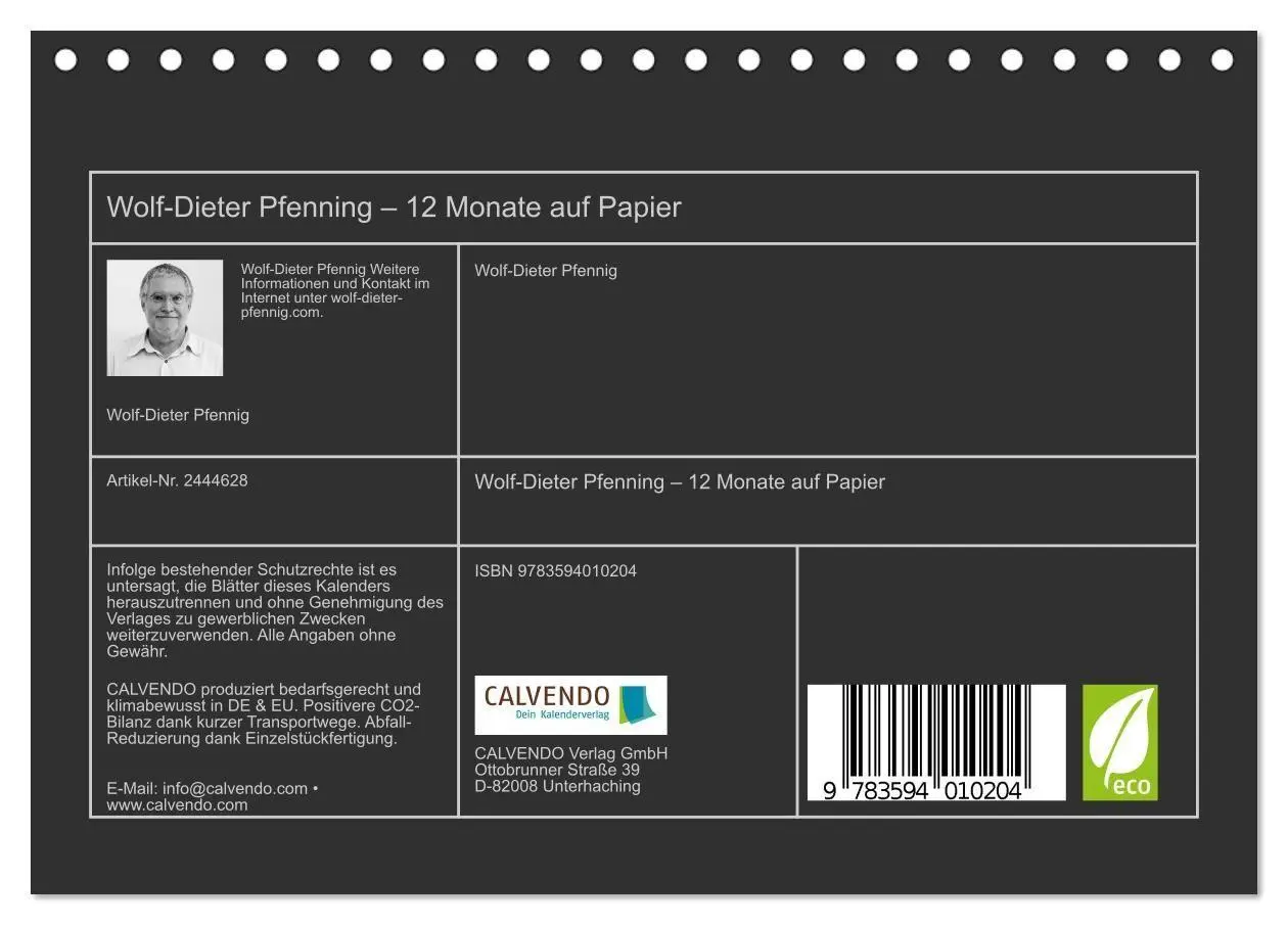 Bild: 9783594010204 | Wolf-Dieter Pfenning - 12 Monate auf Papier (Tischkalender 2027 DIN...