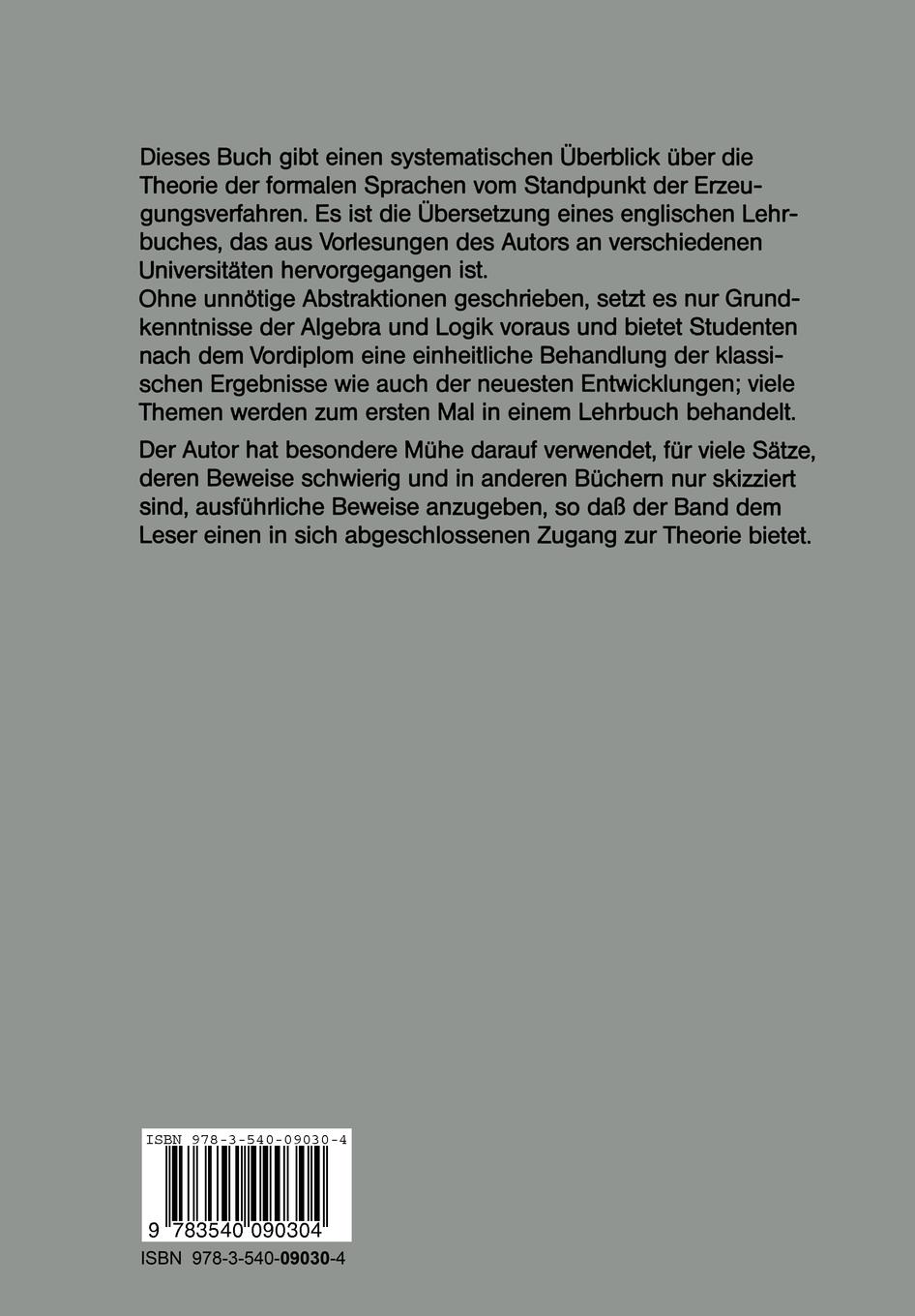 Rückseite: 9783540090304 | Formale Sprachen | Arto K. Salomaa | Taschenbuch | xii | Deutsch