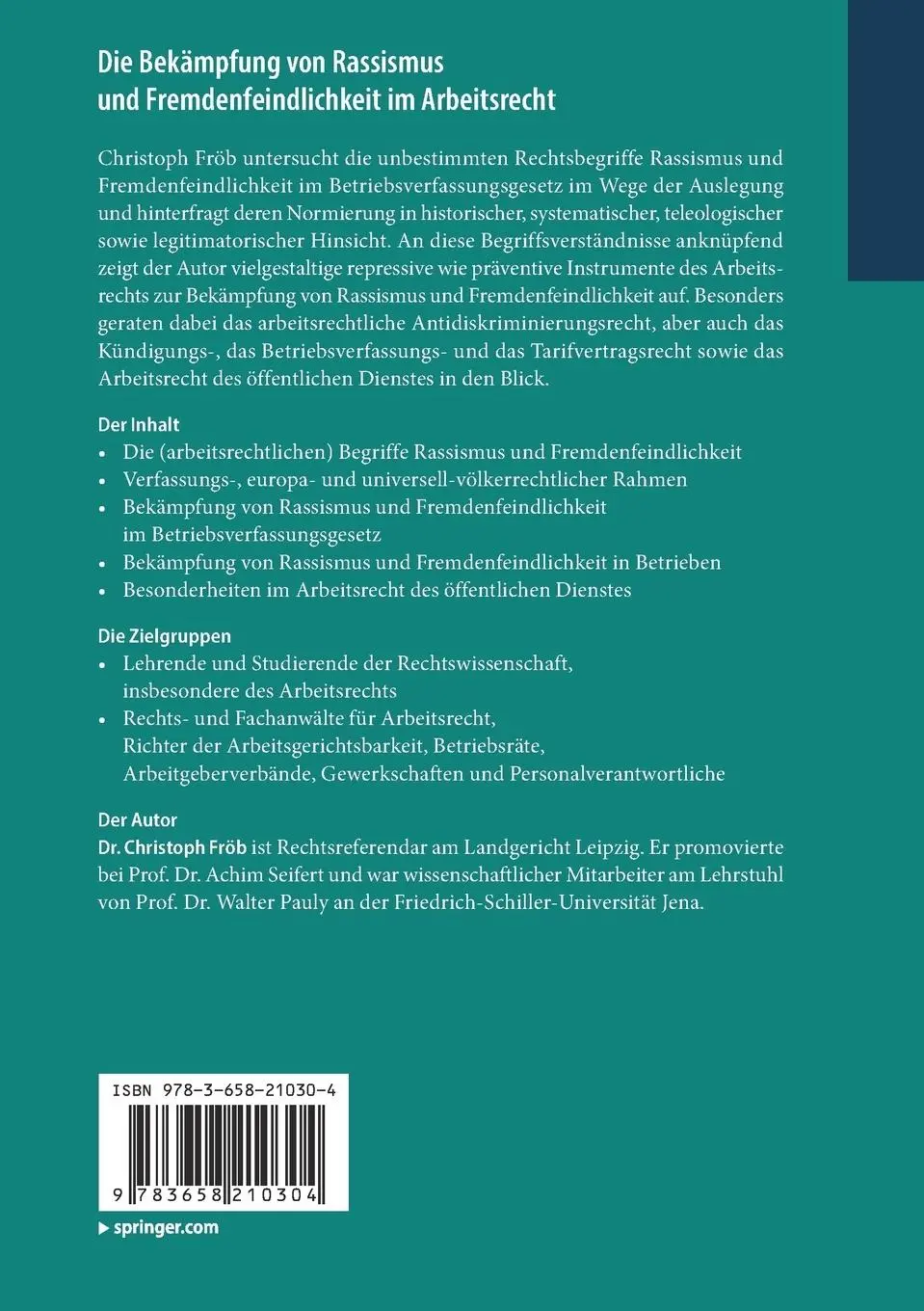 Rückseite: 9783658210304 | Die Bekämpfung von Rassismus und Fremdenfeindlichkeit im Arbeitsrecht