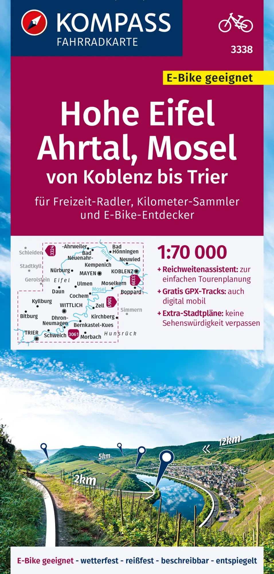Cover: 9783991540304 | KOMPASS Fahrradkarte 3338 Hohe Eifel, Ahrtal, Mosel, von Koblenz...