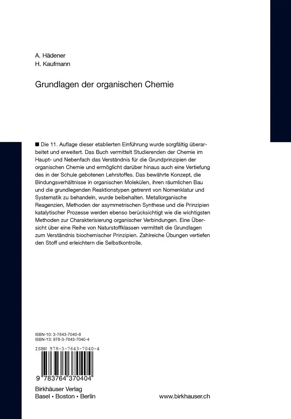 Rückseite: 9783764370404 | Grundlagen der organischen Chemie | Heinz Kaufmann (u. a.) | Buch