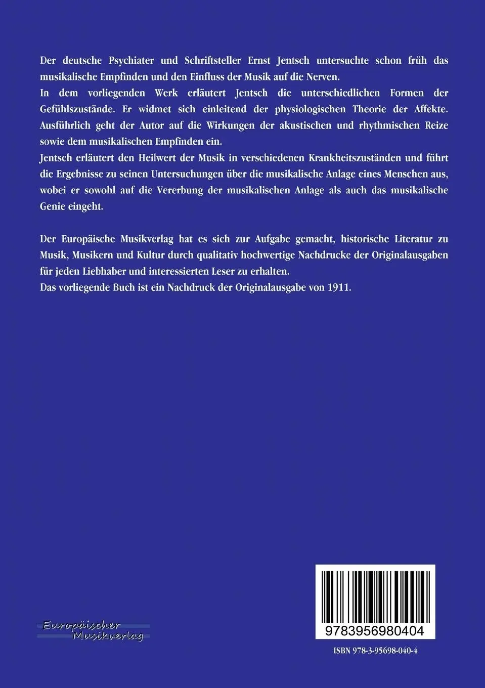Rückseite: 9783956980404 | Musik und Nerven | Das musikalische Gefühl | Ernst Jentsch | Buch