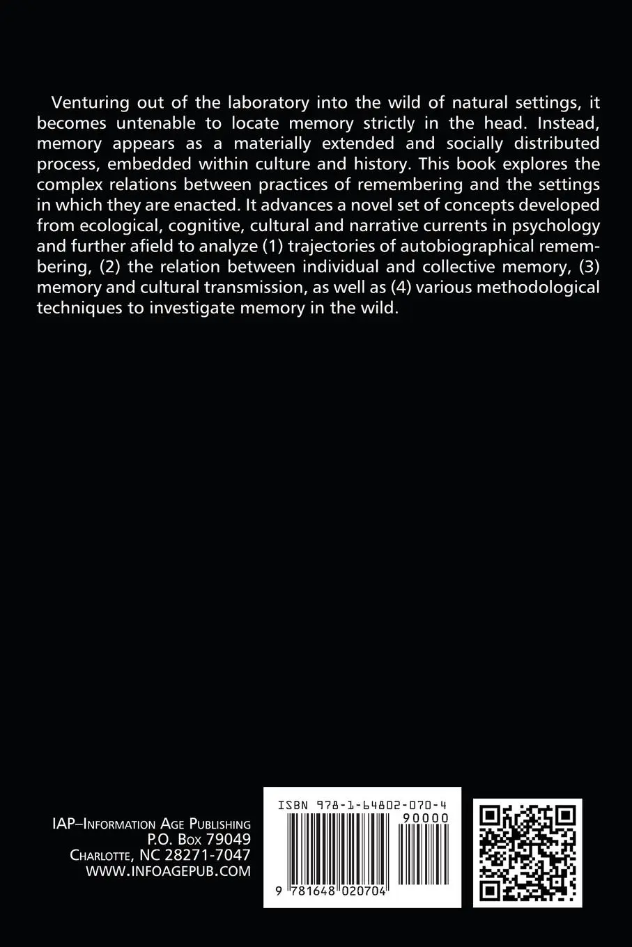 Rückseite: 9781648020704 | Memory in the Wild | Brady Wagoner (u. a.) | Taschenbuch | Englisch