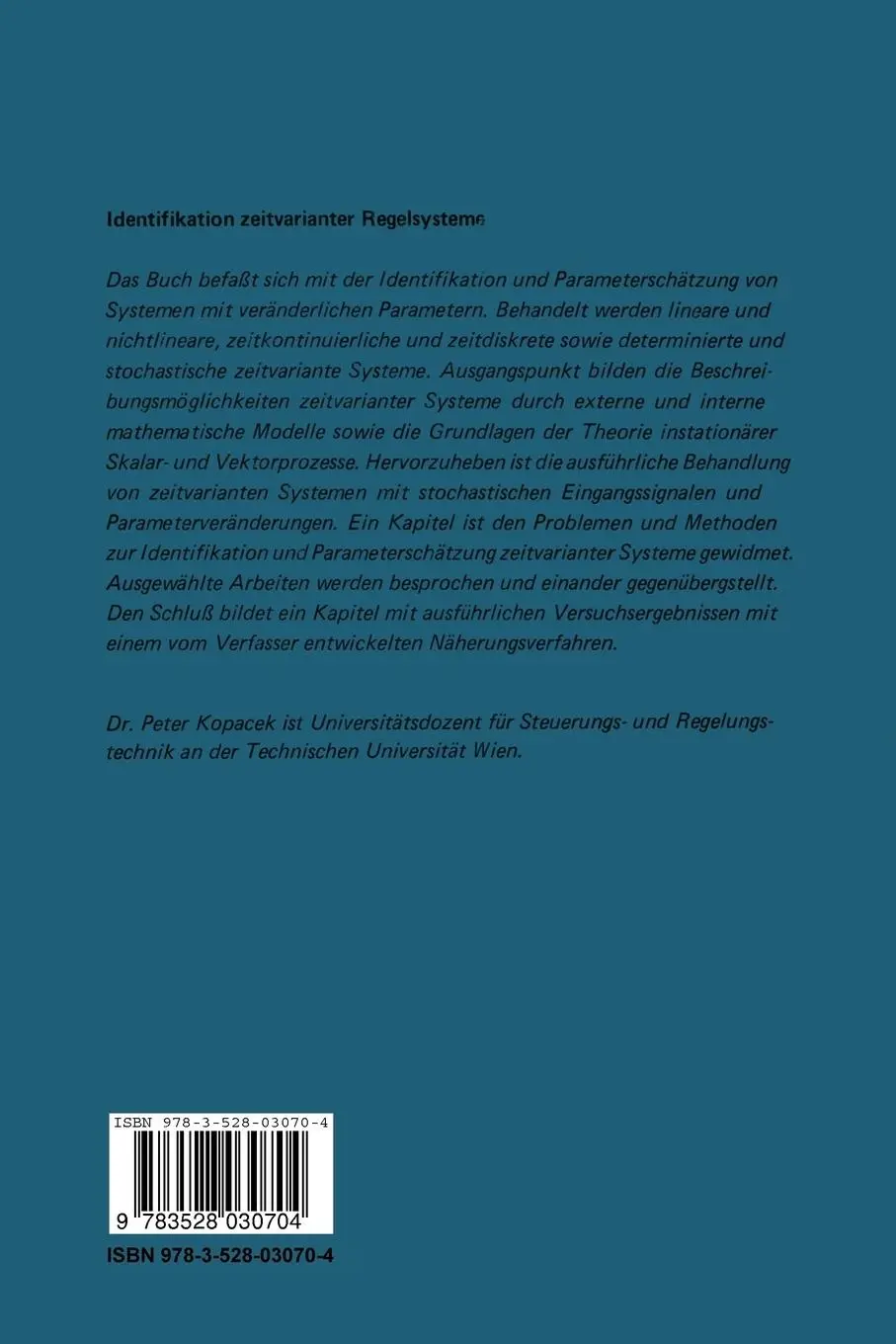 Rückseite: 9783528030704 | Identifikation zeitvarianter Regelsysteme | Peter Kopacek | Buch