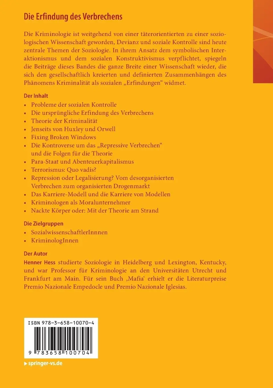Rückseite: 9783658100704 | Die Erfindung des Verbrechens | Henner Hess | Taschenbuch | vi | 2015