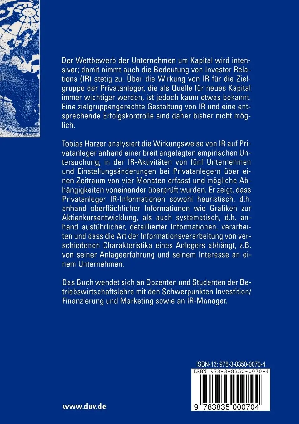 Rückseite: 9783835000704 | Investor Relations für Privatanleger | Tobias Harzer | Taschenbuch