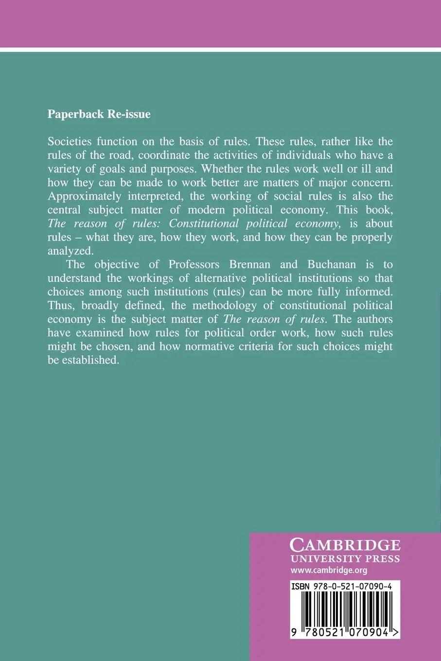 Rückseite: 9780521070904 | The Reason of Rules | Constitutional Political Economy | Taschenbuch