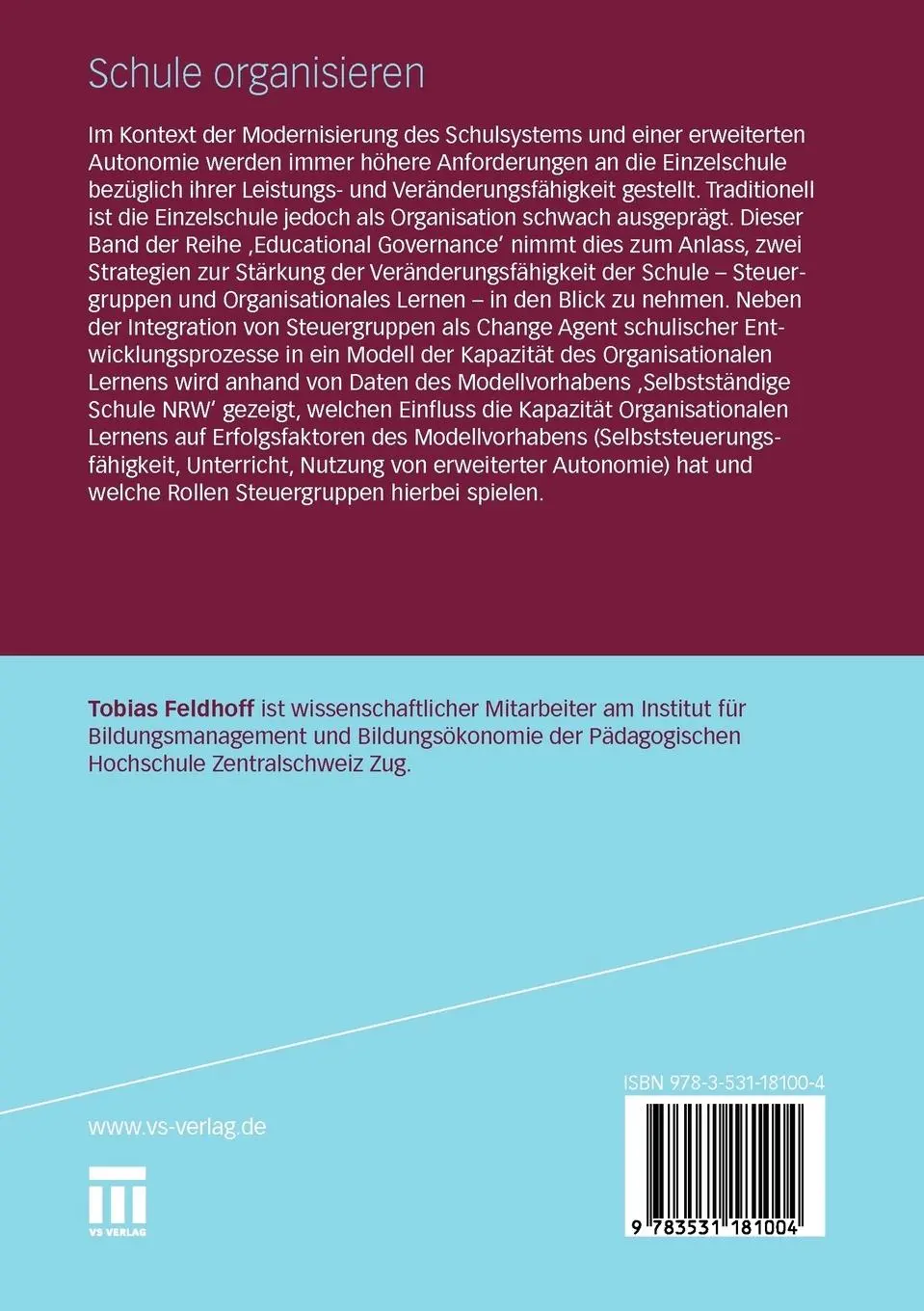 Rückseite: 9783531181004 | Schule organisieren | Tobias Feldhoff | Taschenbuch | 322 S. | Deutsch