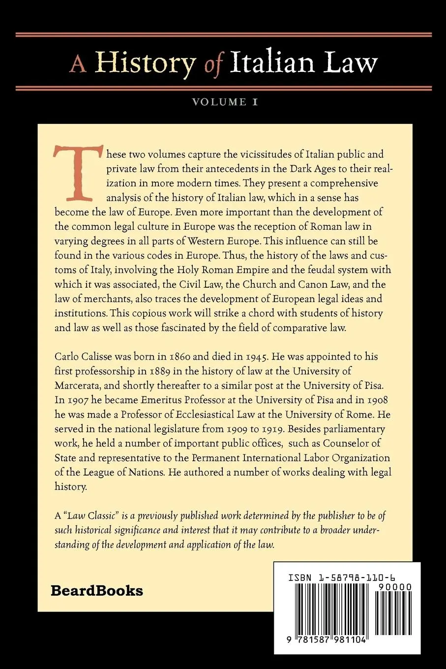 Rückseite: 9781587981104 | A History of Italian Law | Volume I | Carlo Calisse | Taschenbuch