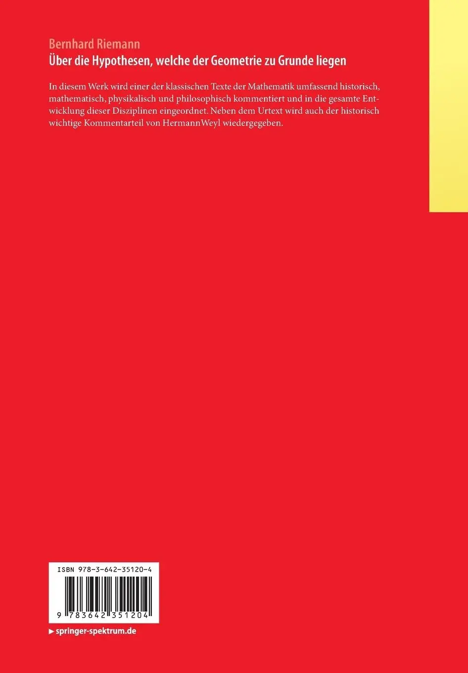 Rückseite: 9783642351204 | Bernhard Riemann "Über die Hypothesen, welche der Geometrie zu...