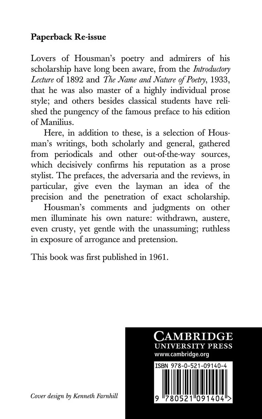 Rückseite: 9780521091404 | A. E. Housman | Selected Prose | Housman (u. a.) | Taschenbuch | 2011