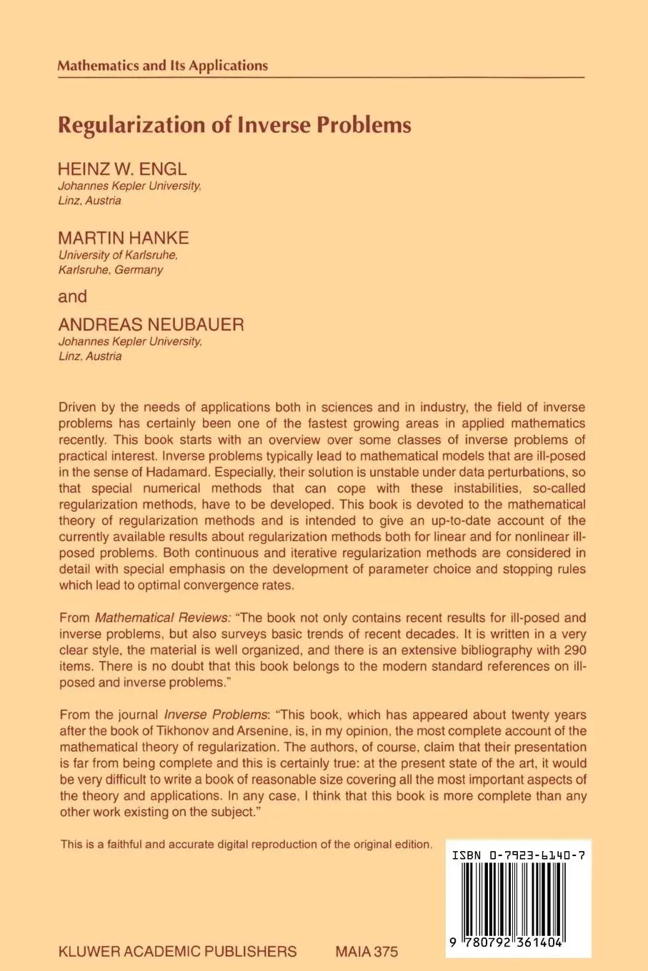 Rückseite: 9780792361404 | Regularization of Inverse Problems | Heinz Werner Engl (u. a.) | Buch