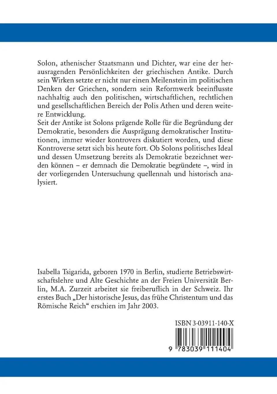 Rückseite: 9783039111404 | Solon ¿ Begründer der Demokratie? | Isabella Tsigarida | Taschenbuch