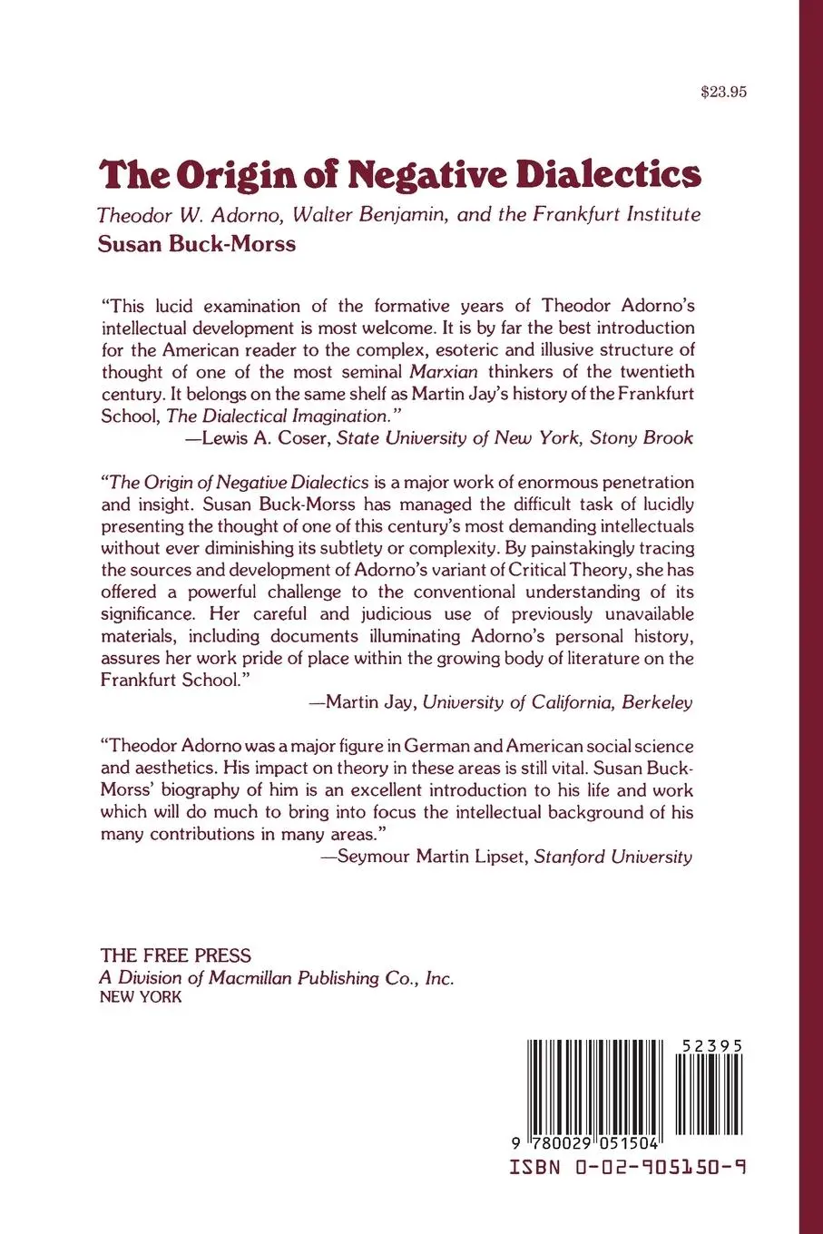 Rückseite: 9780029051504 | Origin of Negative Dialectics | Susan Buck-Morss | Taschenbuch | 1979