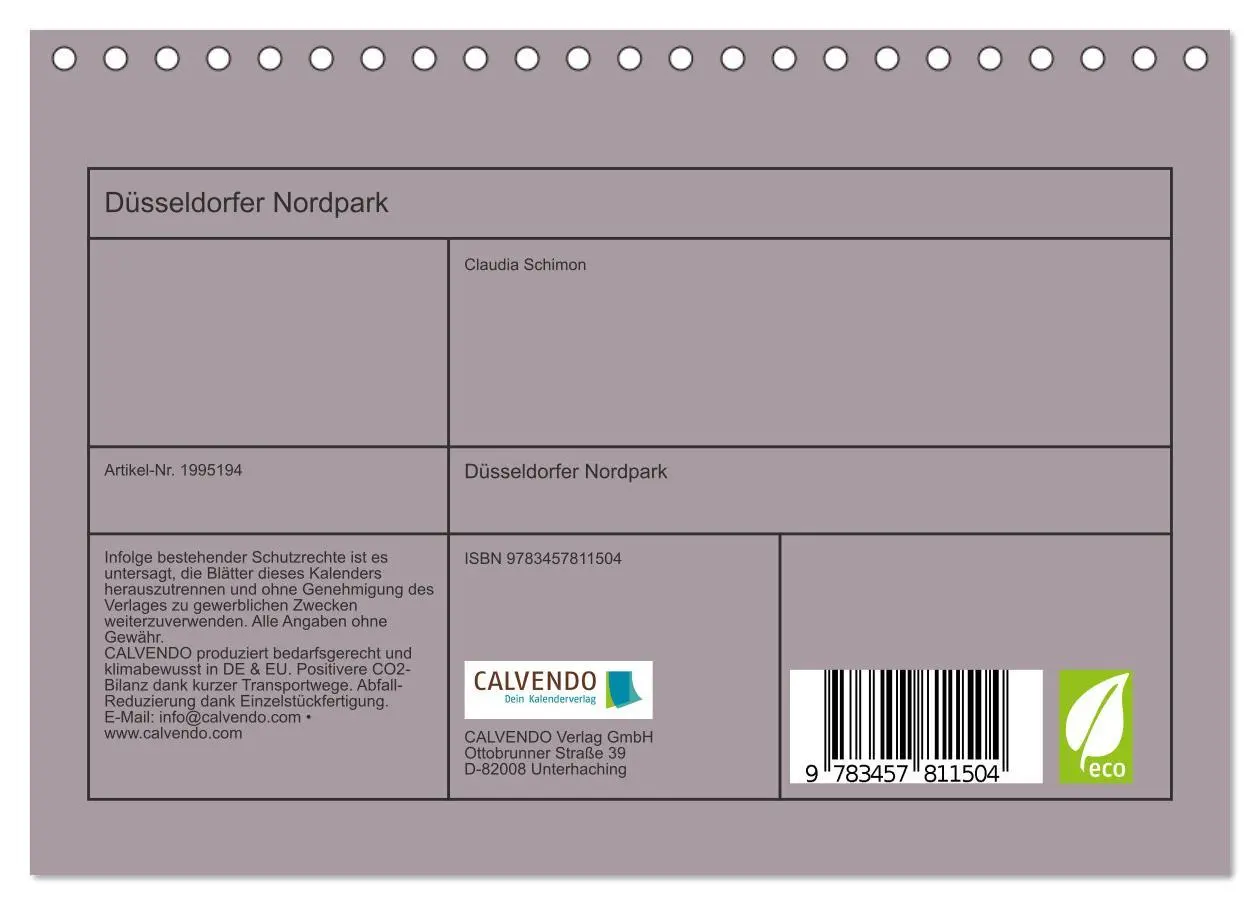 Bild: 9783457811504 | Düsseldorfer Nordpark (Tischkalender 2026 DIN A5 quer), CALVENDO...