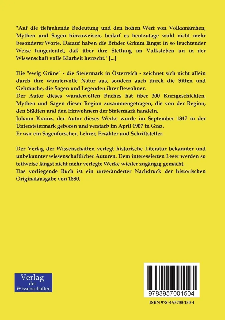 Rückseite: 9783957001504 | Mythen und Sagen | aus dem steirischen Hochlande. | Johann Krainz