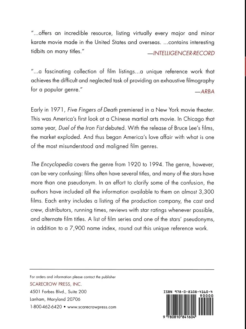 Rückseite: 9780810841604 | The Encyclopedia of Martial Arts Movies | Bill Palmer (u. a.) | Buch