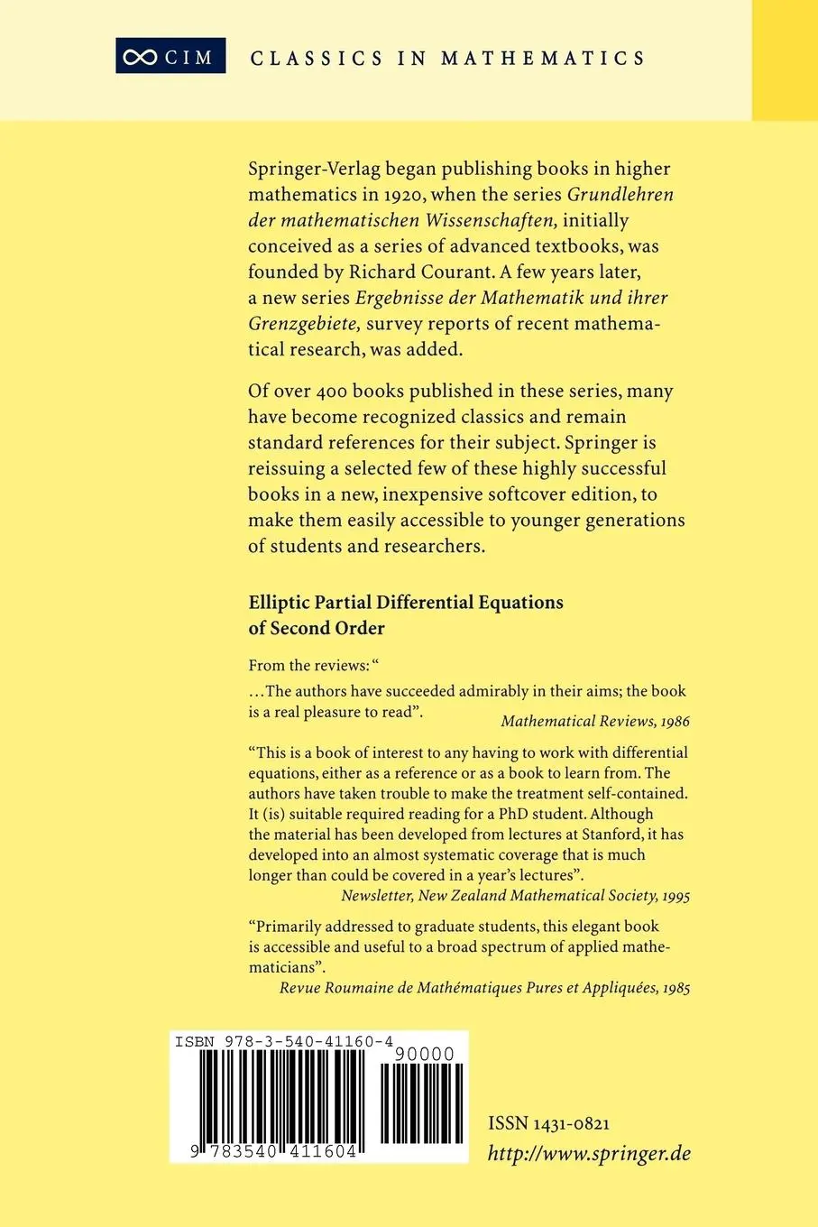 Rückseite: 9783540411604 | Elliptic Partial Differential Equations of Second Order | Taschenbuch Rückseite: 9783540411604 | Elliptic Partial Differential Equations of Second Order | Taschenbuch