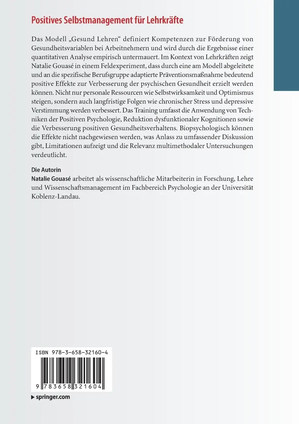 Rückseite: 9783658321604 | Positives Selbstmanagement für Lehrkräfte | Natalie Gouasé | Buch