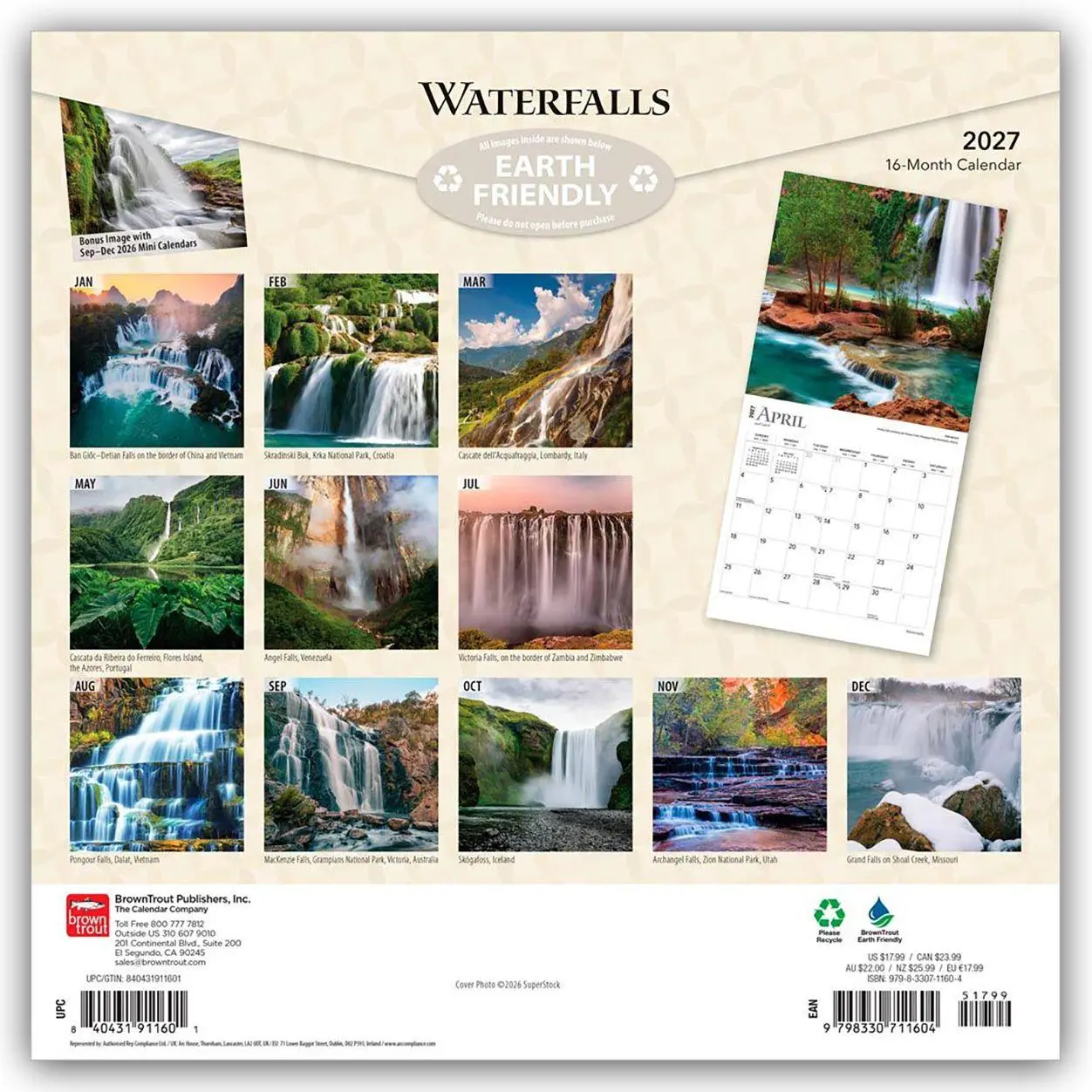 Rückseite: 9798330711604 | Waterfalls - Wasserfälle 2027 - 16-Monatskalender | Publishers | 28 S.