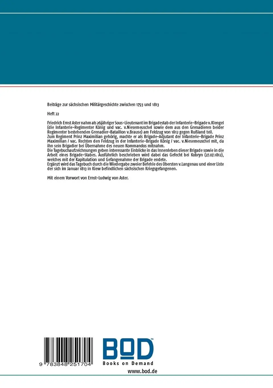 Rückseite: 9783848251704 | Das Tagebuch von Friedrich Ernst Aster aus dem Jahre 1812 | Jörg Titze