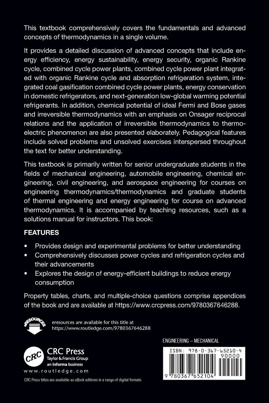 Rückseite: 9780367652104 | Engineering Thermodynamics | Fundamental and Advanced Topics | Buch