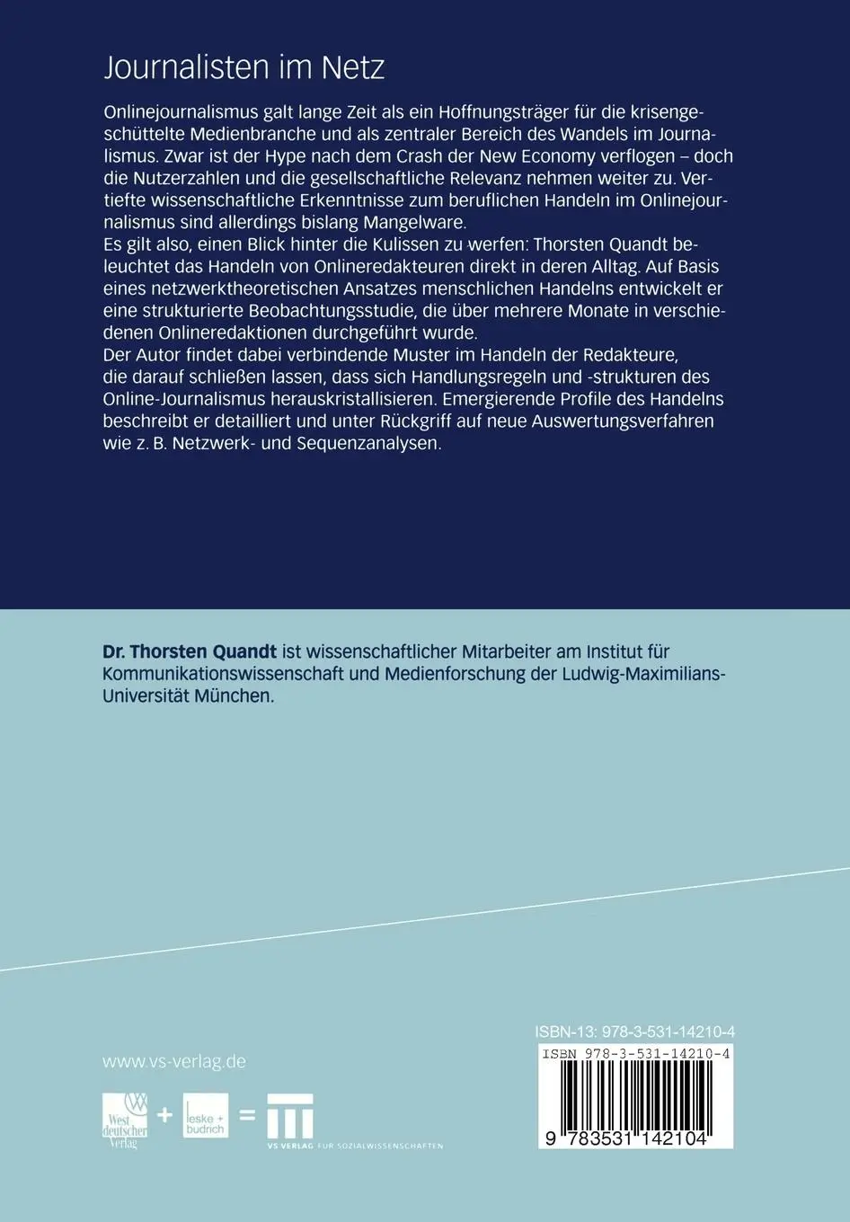 Rückseite: 9783531142104 | Journalisten im Netz | Thorsten Quandt | Taschenbuch | 453 S. | 2005