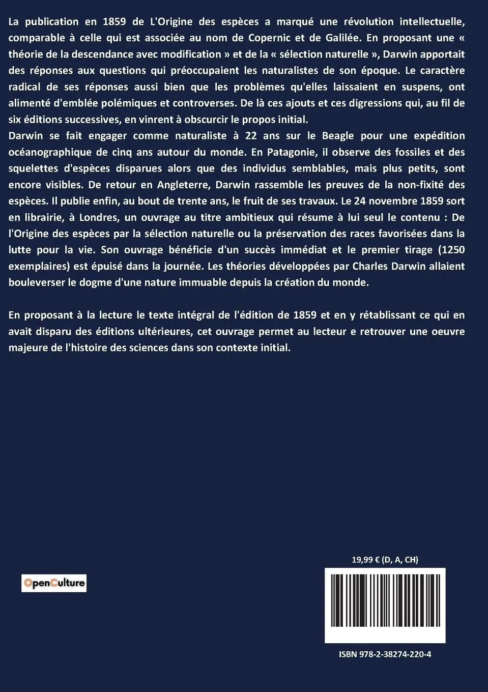 Rückseite: 9782382742204 | L'Origine des espèces | Charles Darwin | Taschenbuch | Französisch