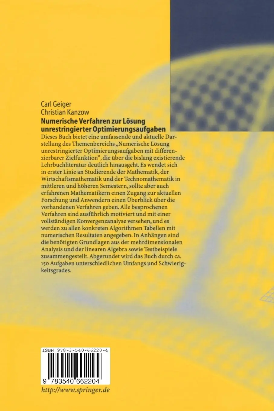Rückseite: 9783540662204 | Numerische Verfahren zur Lösung unrestringierter Optimierungsaufgaben