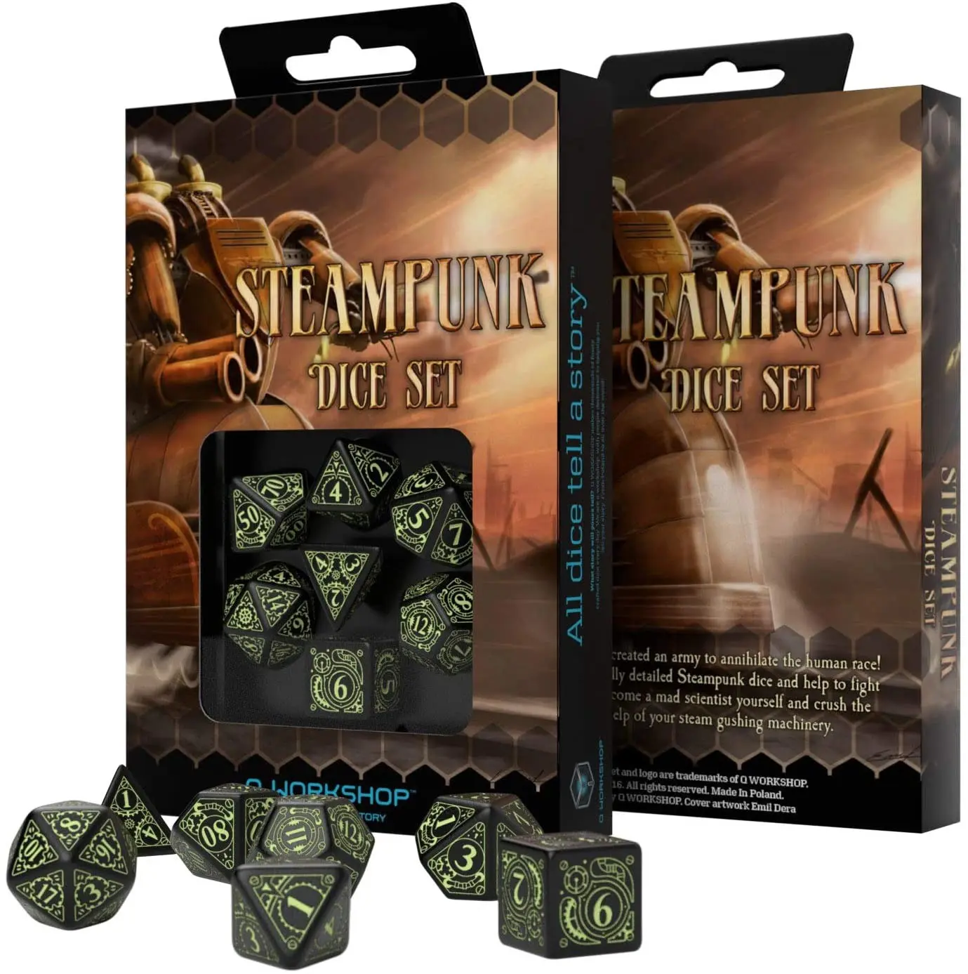 Cover: 5907699492404 | Steampunk Black &amp; glow-in-the-dark Dice Set (7) | Auslaufartikel
