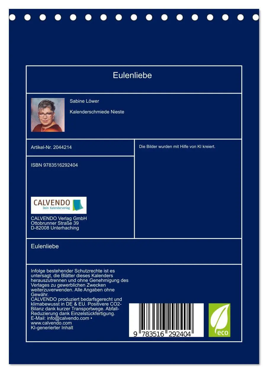Bild: 9783516292404 | Eulenliebe (Tischkalender 2026 DIN A5 hoch), CALVENDO Monatskalender