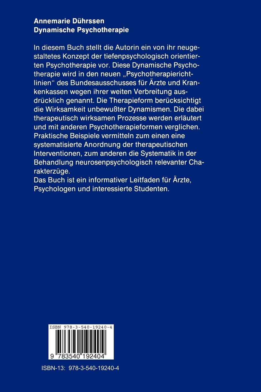 Rückseite: 9783540192404 | Dynamische Psychotherapie | Annemarie Dührssen | Taschenbuch | Deutsch