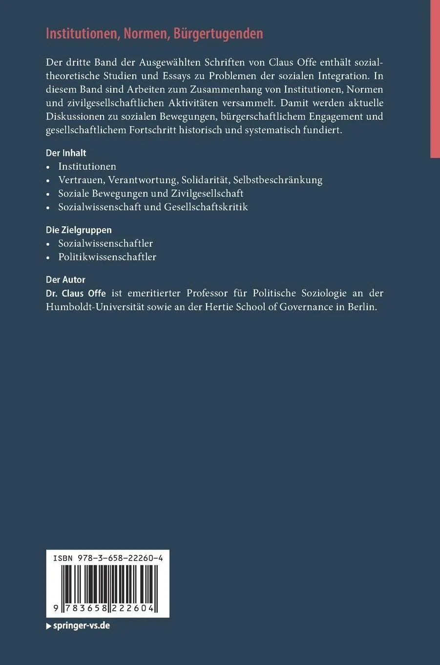 Rückseite: 9783658222604 | Institutionen, Normen, Bürgertugenden | Claus Offe | Buch | xvii