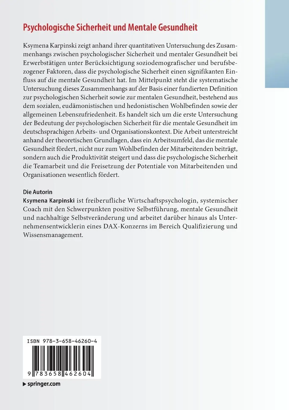 Rückseite: 9783658462604 | Psychologische Sicherheit und Mentale Gesundheit | Ksymena Karpinski