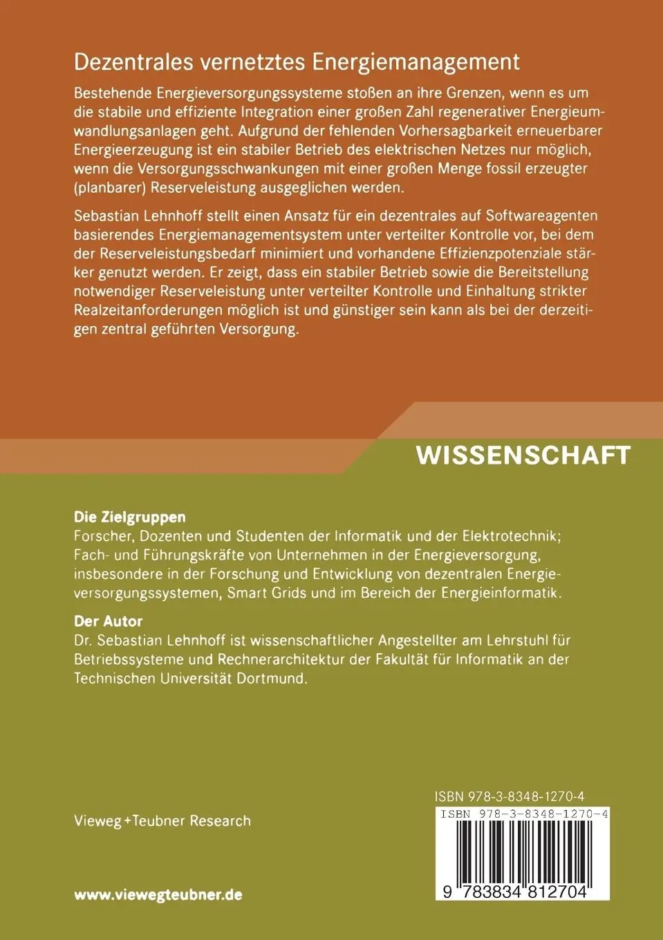 Rückseite: 9783834812704 | Dezentrales vernetztes Energiemanagement | Sebastian Lehnhoff | Buch