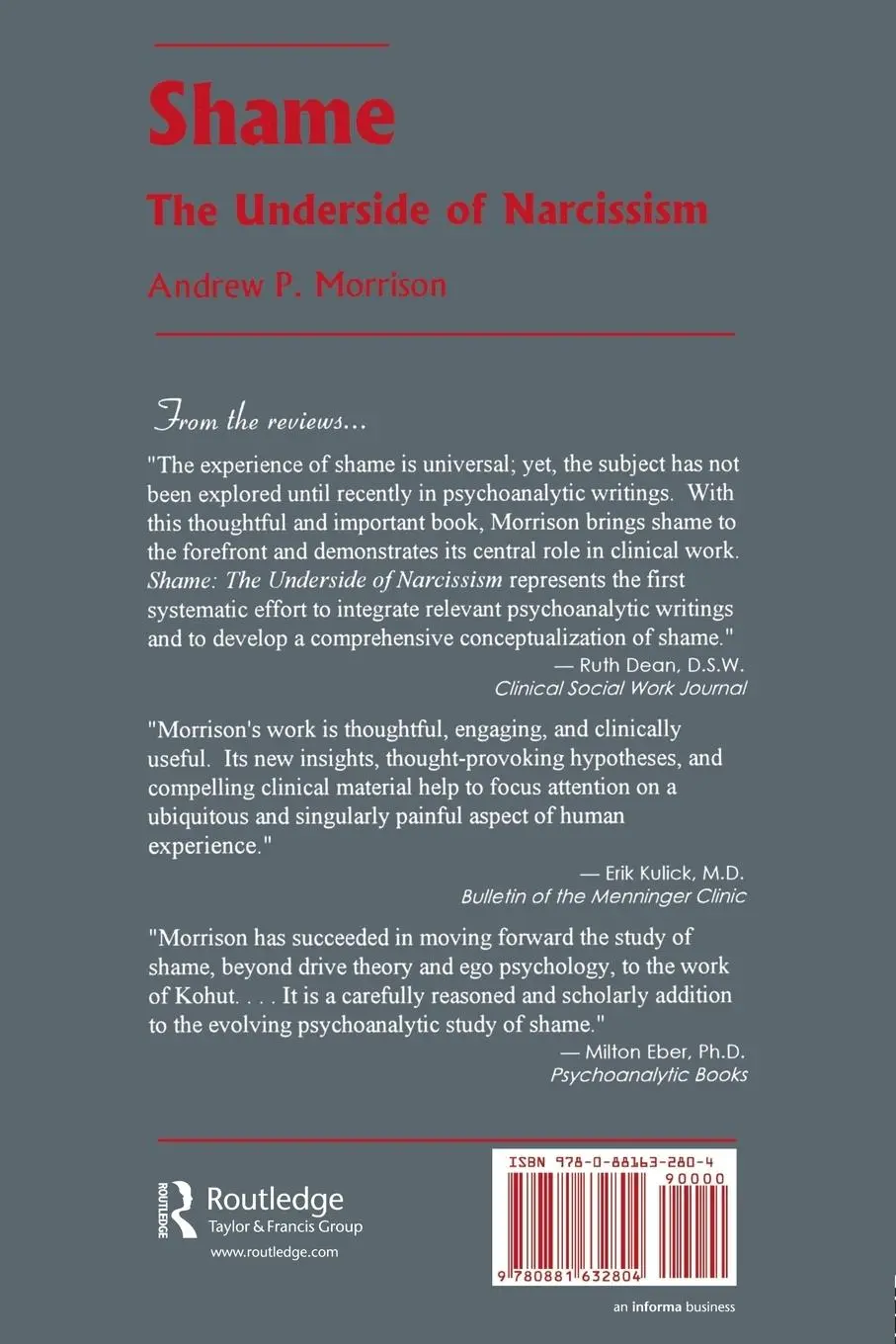 Rückseite: 9780881632804 | Shame | The Underside of Narcissism | Andrew P. Morrison | Taschenbuch