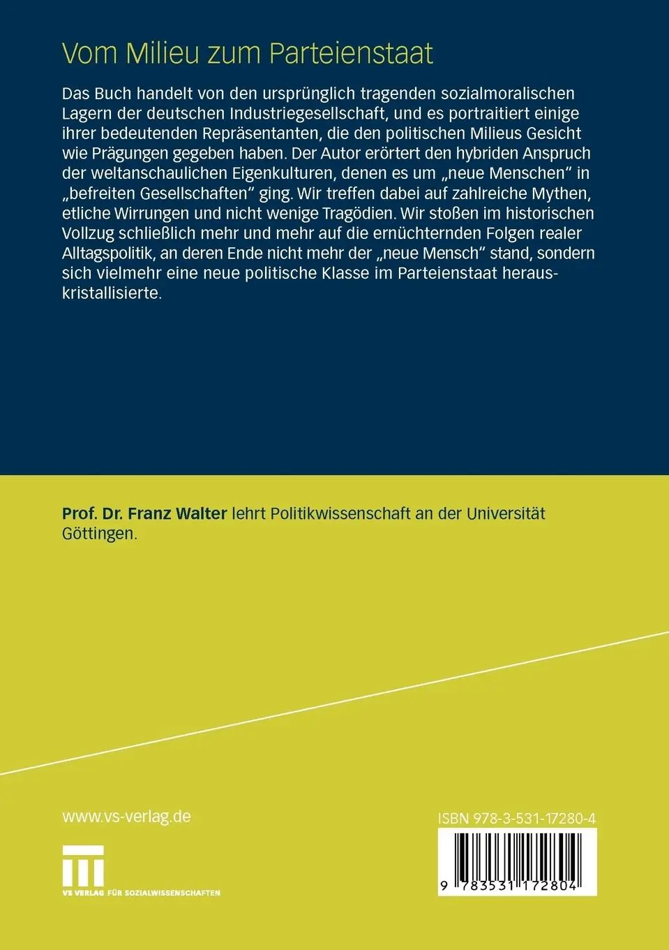 Rückseite: 9783531172804 | Vom Milieu zum Parteienstaat | Franz Walter | Taschenbuch | 254 S.